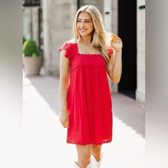 J. Marie The Swift Dress Red Scalloped Square Neck Ruffle Shift Dress NWT XS-M - Picture 1 of 5